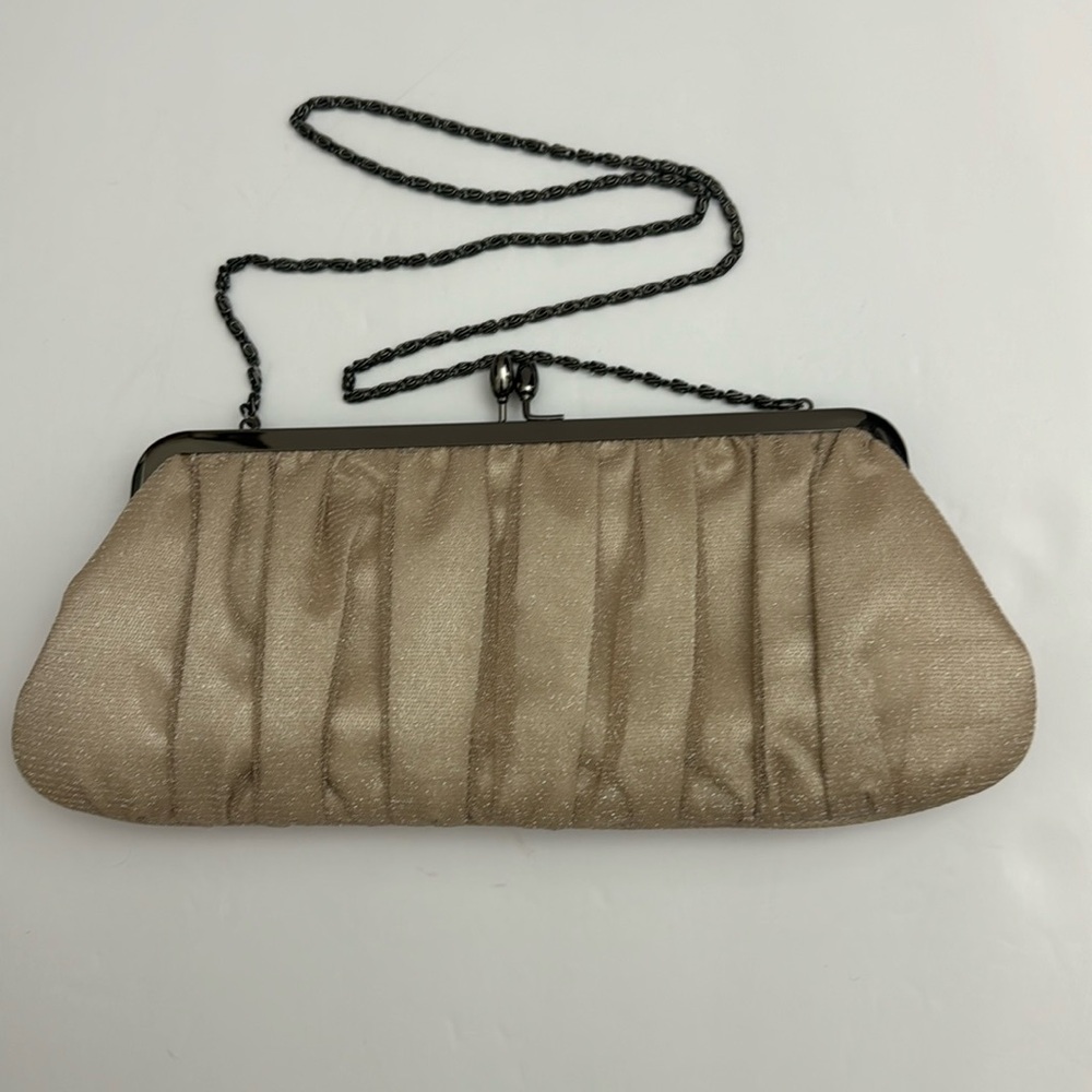Olga Berg dressy clutch purse with chain strap, ivory glittery wedding f…